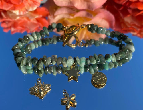 Bracelet AYLA, émeraude, breloques, étoile, abeille, fleur, ronde, doré